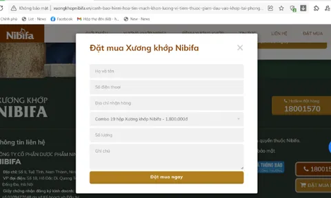 Website quảng cáo Xương khớp NIBIFA có dấu hiệu giả mạo logo Bộ Công Thương