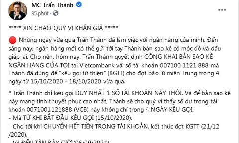 MC Trấn Thành công khai sao kê tài khoản giữa ồn ào từ thiện