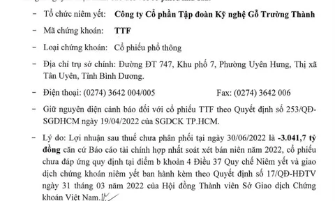 Cổ phiếu TTF (Gỗ Trường Thành) duy trì diện cảnh báo trên HOSE