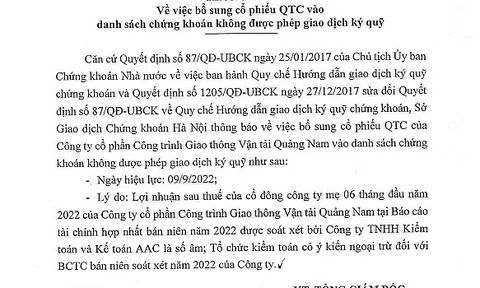 Cổ phiếu Công ty CP Công trình GTVT Quảng Nam vào diện không được ký quỹ