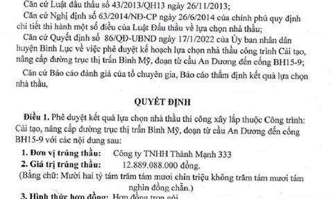 Hà Nam: Dấu hiệu sai phạm trong đấu thầu tại thị trấn Bình Mỹ?