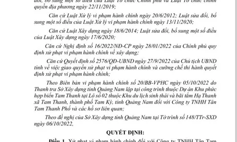 Quảng Nam: Xây dựng công trình không phép, Công ty TNHH Tân Tam Thanh Phố bị xử phạt